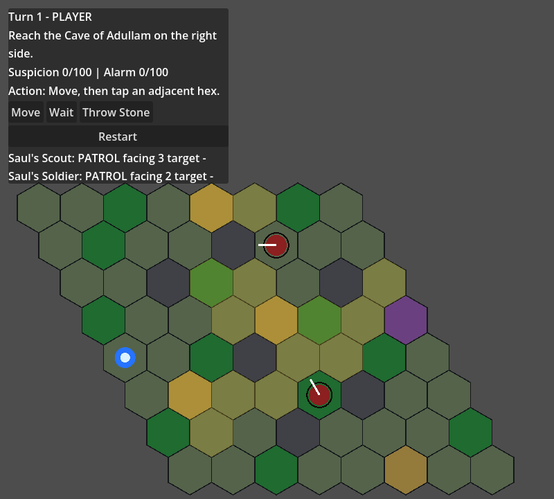 Real Godot capture of the David Wilderness Stealth prototype showing the turn UI, suspicion and alarm meters, David on a hex map, patrol enemies, terrain, and the Cave of Adullam objective.
