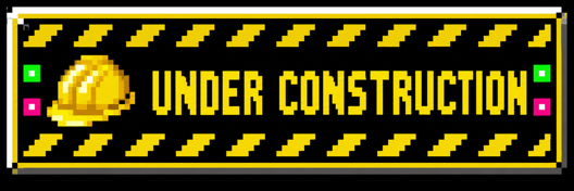 Pixel-art Under Construction sign with a hard hat and hazard stripes