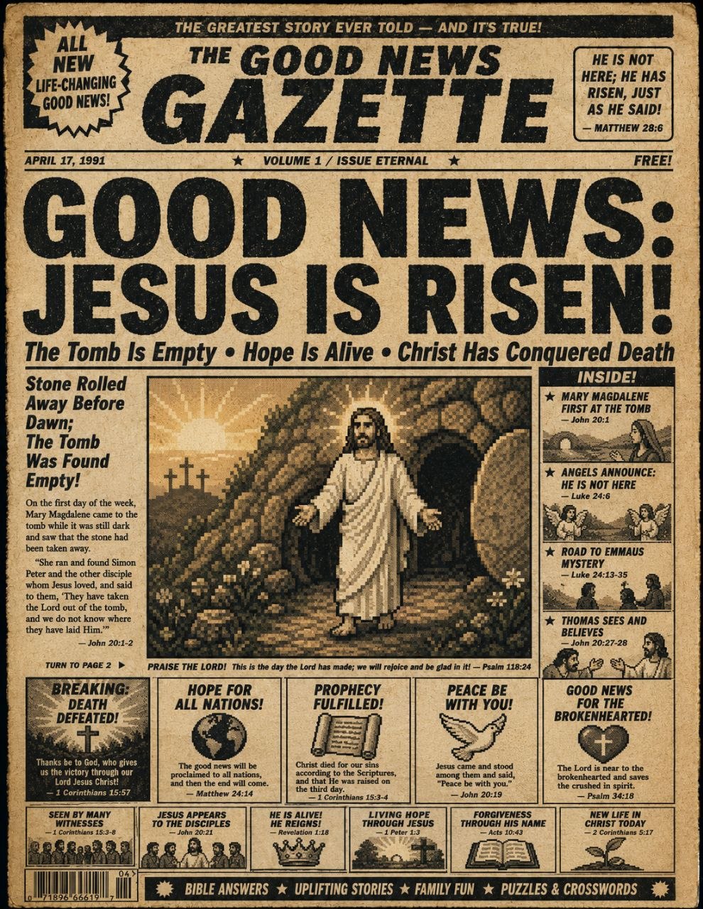 Vintage newspaper-style Good News Gazette image proclaiming that Jesus is risen, with Jesus standing outside the empty tomb.